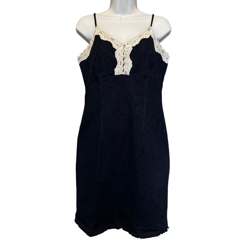 Vintage Denim Lace Trim Slip Mini Dress M Babydoll Y2K 90s Coquette Ruffle‎ Fem